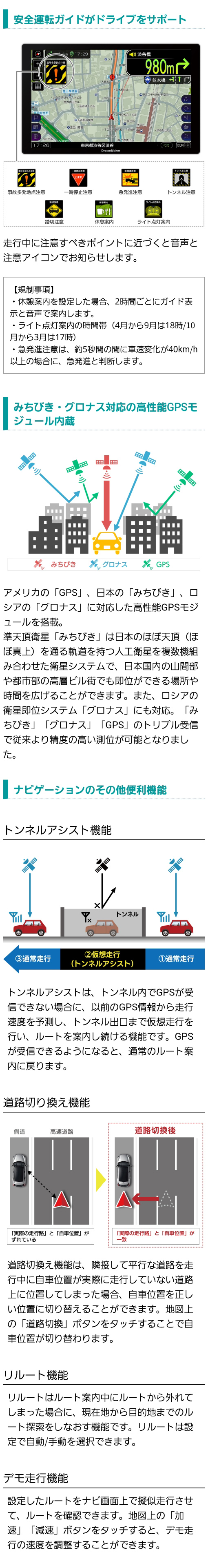 注意すべきポイントに近づくと音声と注意アイコンでお知らせする安全運転ガイド機能付き、日本のほぼ真上を通る衛星みちびきに対応することで従来より精度の高い測位可能、ナビゲーションの便利な機能（トンネルアシスト、道路切り換え、リルート、デモ走行）