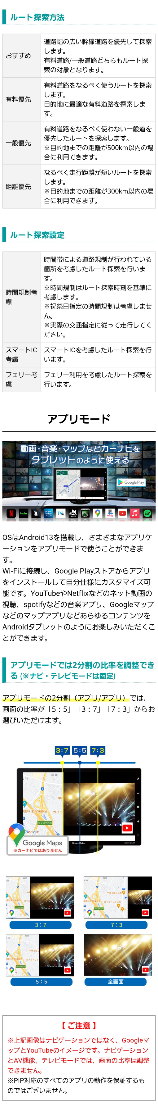カーナビルート探索方法（おすすめ、有料優先、一般優先、距離優先）、カーナビルート検索設定（時間規制、スマートIC、フェリーを考慮）、OSはAndroid13を搭載し、Google Playストアからアプリをインストールして自分仕様にカスタマイズ可能。車でNetflixやYouTube、Spotifyなどを楽しめる。アプリモードでは2分割の比率を調整できる。