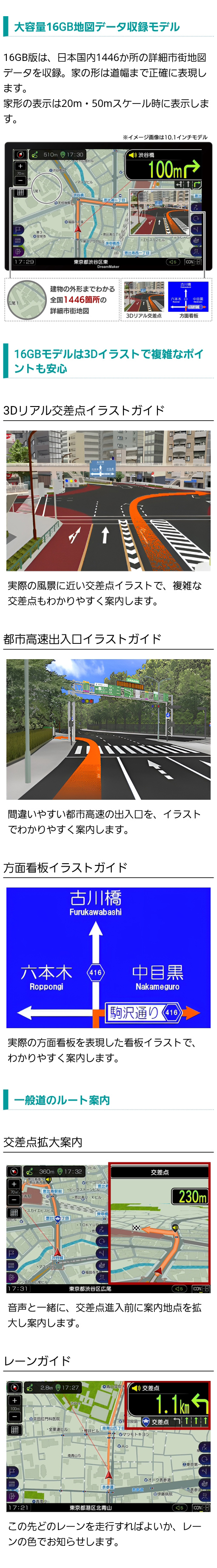 日本国内1446か所の詳細市街地図データを収録した16GB大容量モデル。3Dイラストで複雑なポイントも安心