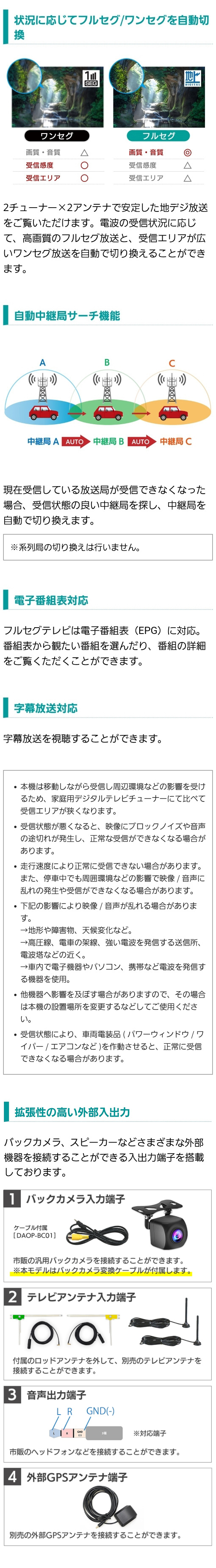 フルセグ/ワンセグを自動切り替え、自動中継局サーチ機能、電子番組・字幕放送対応、拡張性の高い外部入出力端子