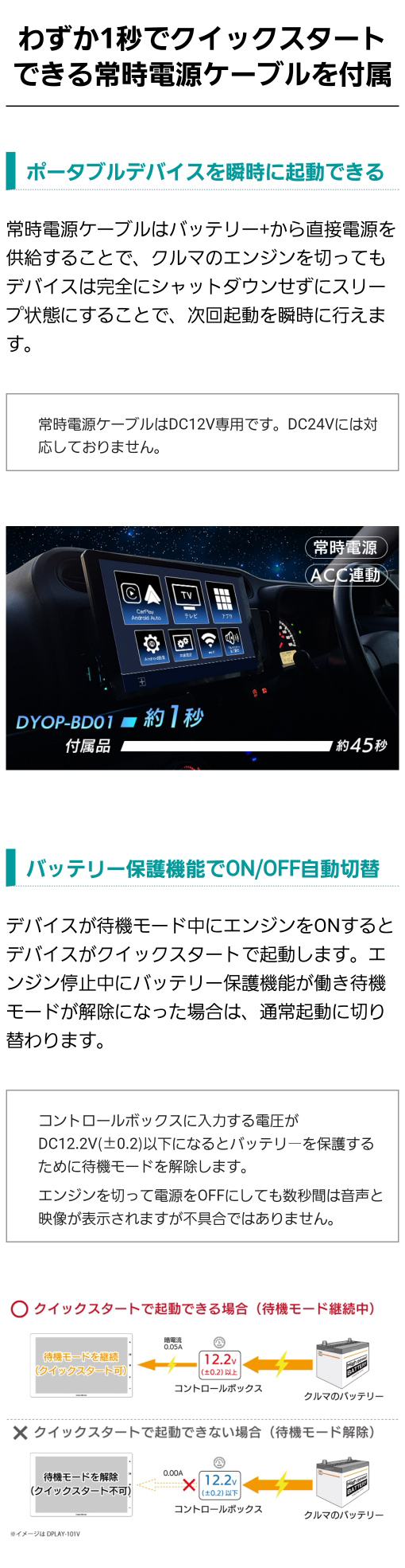 ポータブルデバイスをわずか1秒でスタートできる常時電源ケーブルを付属。バッテリー保護機能が働き自動でON/OFFを切り替える