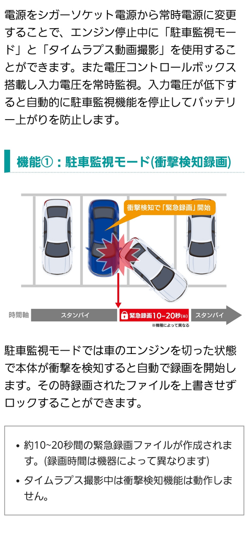 機能(1)：駐車監視モード(衝撃検知録画)  駐車監視モードでは車のエンジンを切った状態で本体が衝撃を検知すると自動で録画を開始。その時録画されたファイルを上書きせずロックすることが可能。