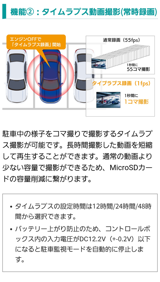機能(2)：タイムラプス動画撮影(常時録画) 駐車中の様子をコマ撮りで撮影するタイムラプス撮影が可能。長時間撮影した動画を短縮して再生。通常の動画より少ない容量で撮影できMicroSDカードの容量削減に繋がる。
