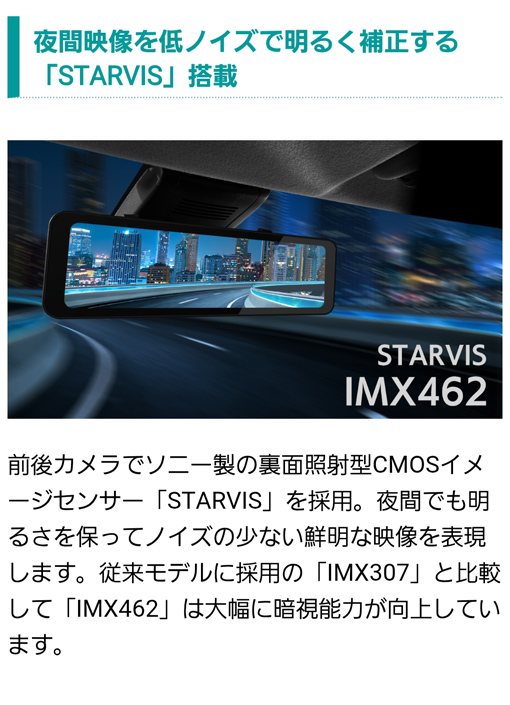 前後カメラでSONYの裏面照射型CMOSイメージセンサー「STARVIS」を採用。夜間でも明るさを保ちノイズの少ない鮮明な映像を表現