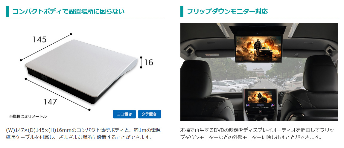 W147×D145×H16ｍｍのコンパクト薄型ボディ。約1ｍの電源延長ケーブルを付属。DVDの映像をディスプレイオーディオを経由してフリップダウンモニターなどの外部モニターに映し出すことができる