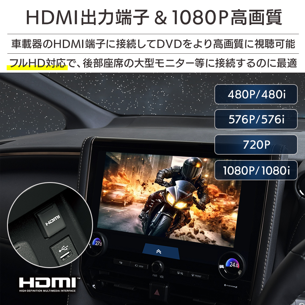 車載器のHDMI端子に接続してDVDをより高画質に視聴できる。フルHD対応。HDMI出力解像度（480p / 480i / 576p / 576i / 720p / 1080p / 1080i）