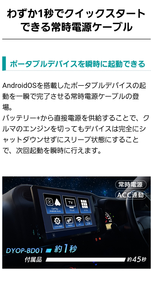 ポータブルデバイスを瞬時に起動できる。バッテリー+から直接電源を供給することで車のエンジンを切ってもデバイスは完全にシャットダウンせずにスリープ状態にすることで次回起動を瞬時に行える