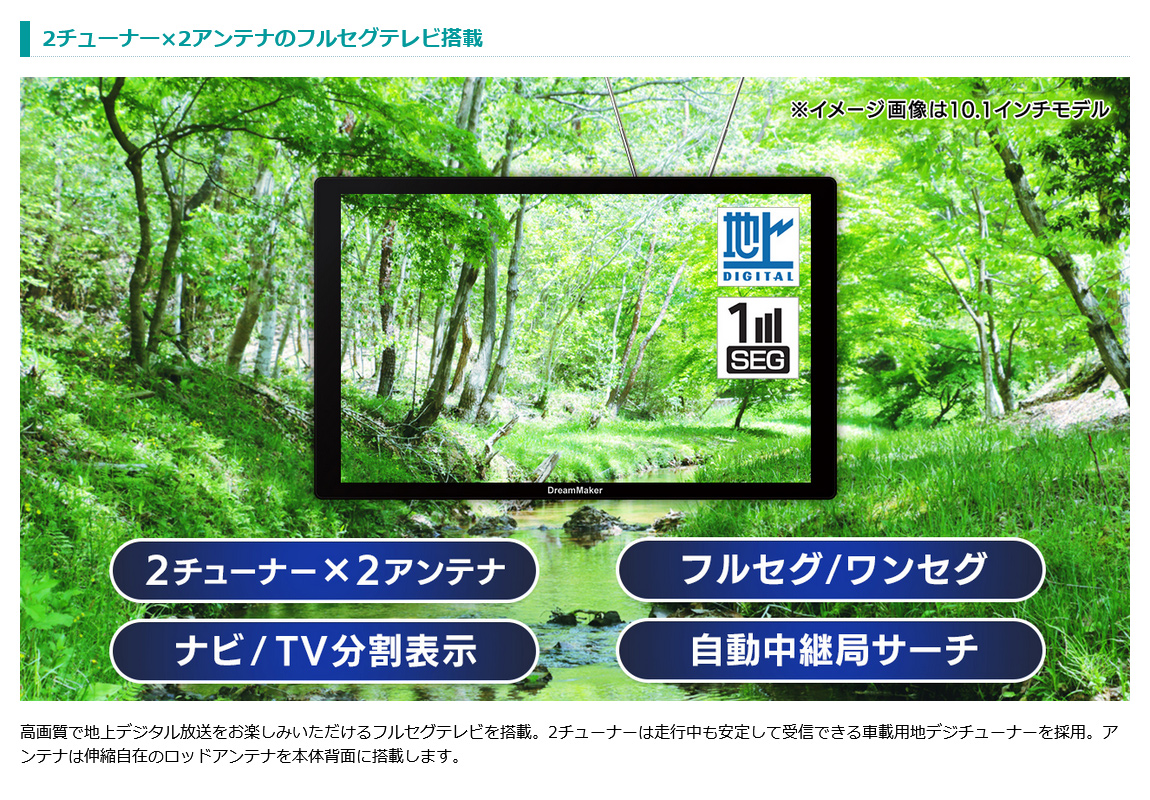 車載用 地デジ 2チューナー×2アンテナのフルセグテレビ搭載