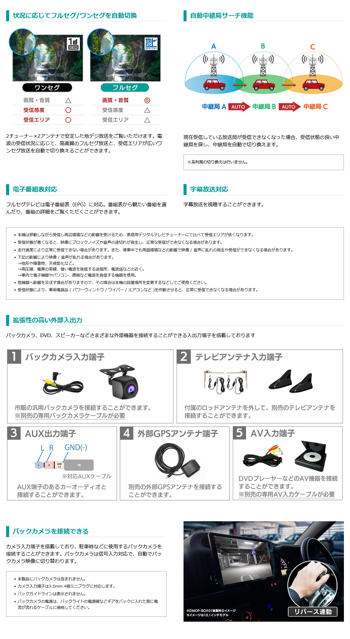 電波状況に応じてフルセグ/ワンセグを自動切り替え、自動中継局サーチ機能、電子番組・字幕放送対応、拡張性の高い外部入出力端子