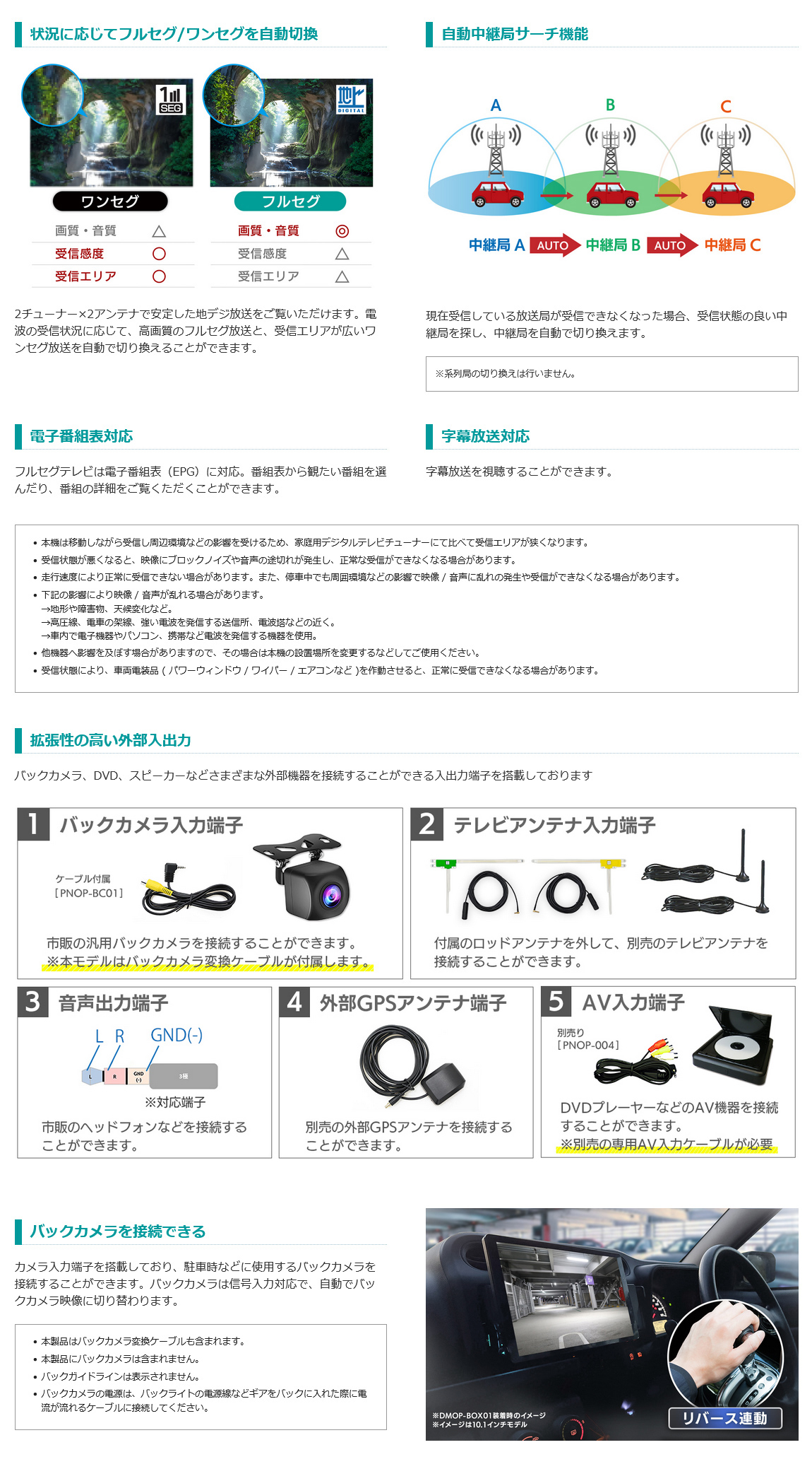 電波状況に応じてフルセグ/ワンセグを自動切り替え、自動中継局サーチ機能、電子番組・字幕放送対応、拡張性の高い外部入出力端子