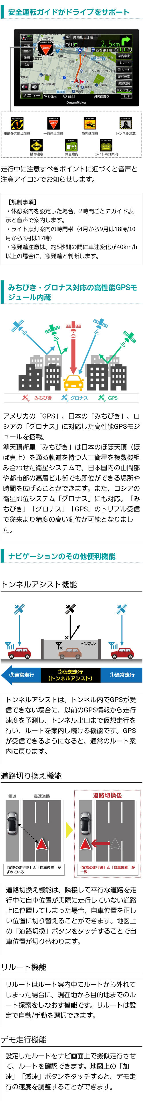 注意すべきポイントに近づくと音声と注意アイコンでお知らせする安全運転ガイド機能付き、日本のほぼ真上を通る衛星みちびきに対応することで従来より精度の高い測位可能、ナビゲーションの便利な機能（トンネルアシスト、道路切り換え、リルート、デモ走行）