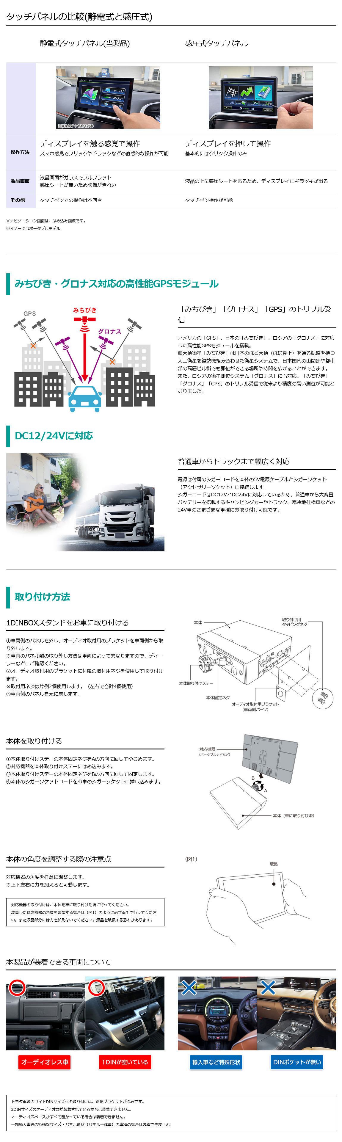 タッチパネルの静電式と感圧式の比較。本製品はスマホ感覚でフリックやドラックなどの直感的な操作が可能な静電式を採用