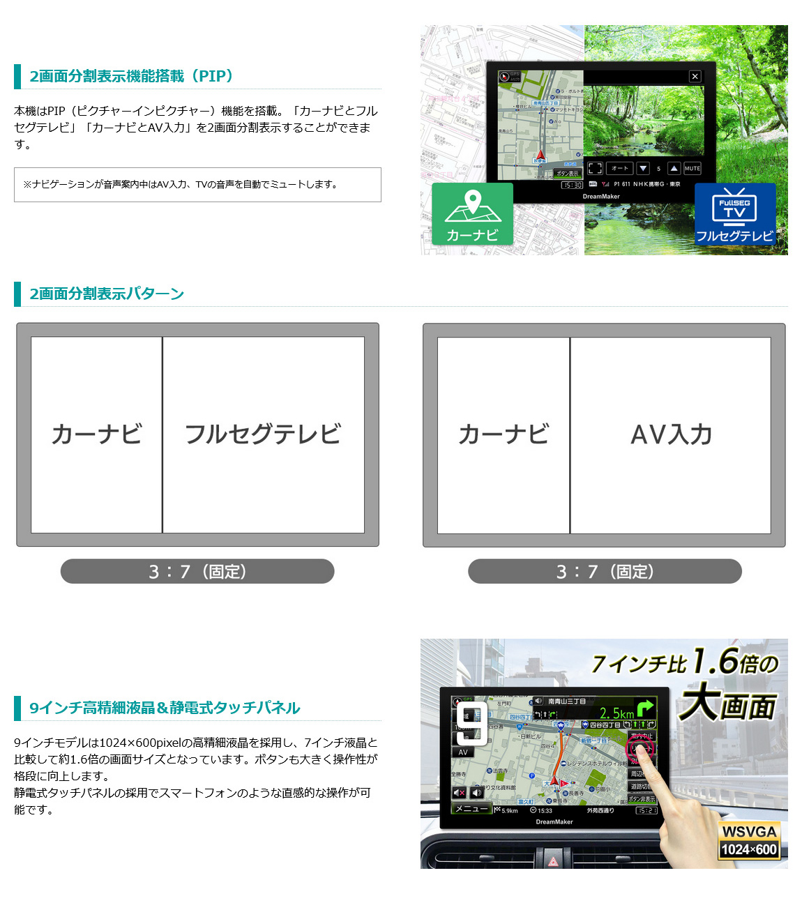 テレビ・ナビ2画面分割表示、9インチ高精細液晶、静電式タッチパネル