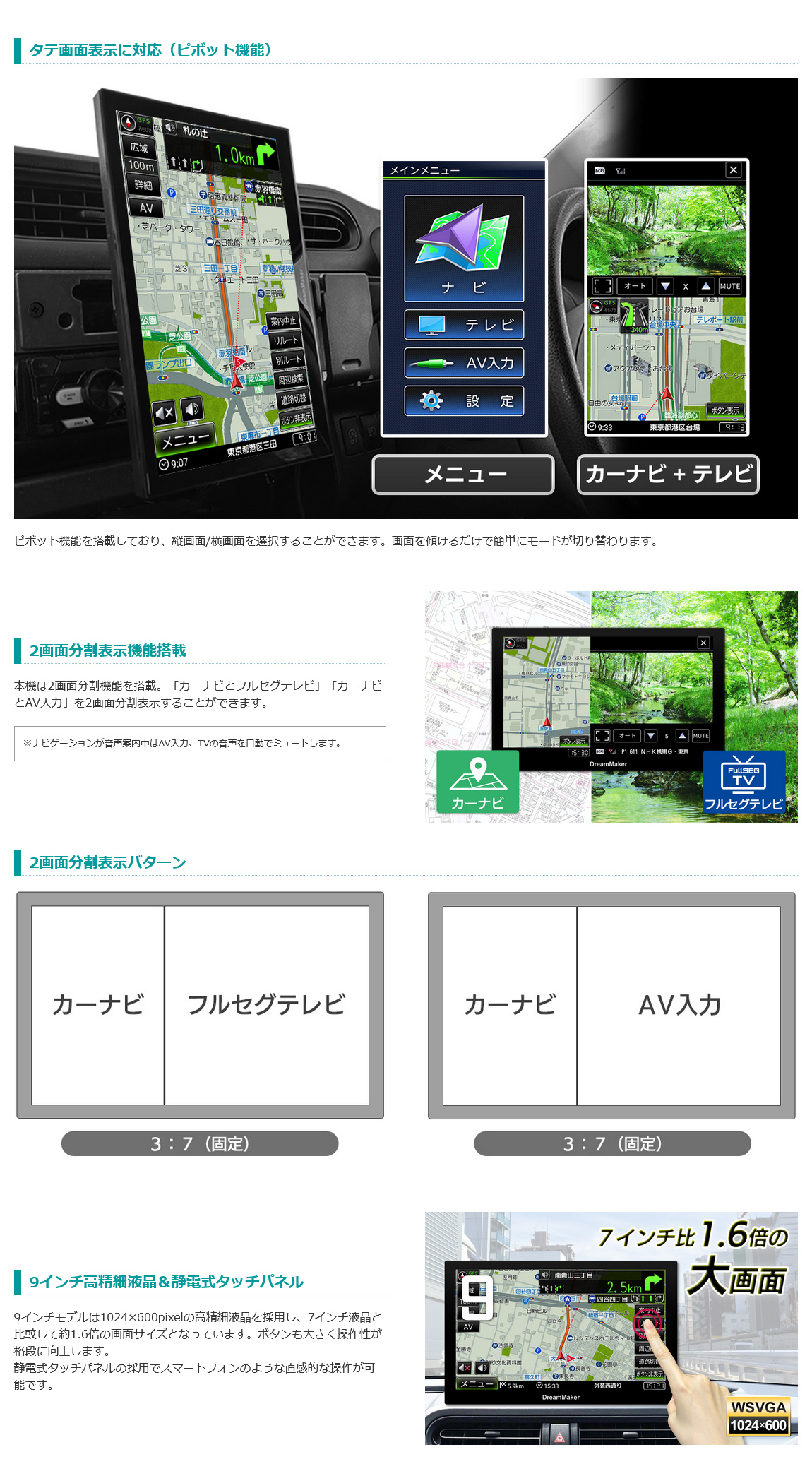 縦横画面回転ピボット機能、2画面分割表示、9インチのコンパクトボディ