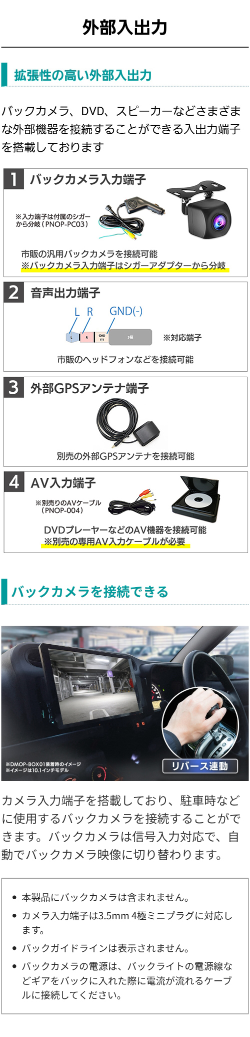 拡張性の高い外部入出力(バックカメラ入力端子、音声出力端子、外部GPSアンテナ端子、AV入力端子)、別売りのバックカメラを接続可能