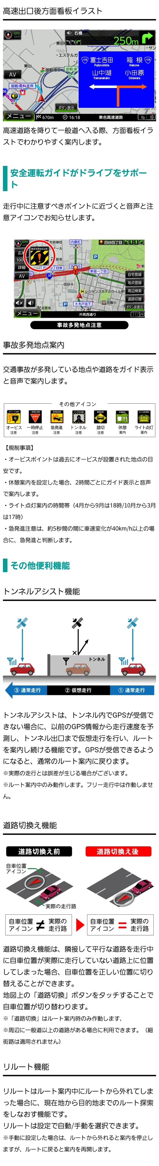 ポイントに近づくとアイコンでお知らせする安全運転ガイド（オービス注意、一時停止、急発進注意、トンネル注意、踏切、休憩案内、ライト点灯案内）その他の便利な機能（トンネルアシスト、道路切り換え、リルート）