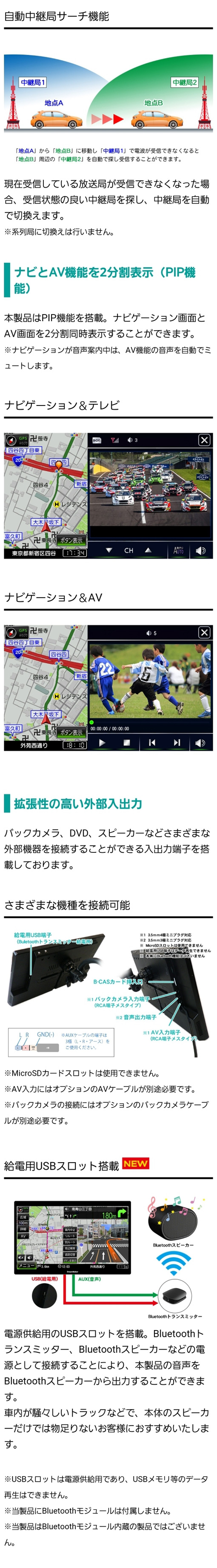 PIP機能でカーナビとAV機能を２分割表示。バックカメラ、DVD、スピーカーなどさまざまな外部機器を接続することができる入出力端子の配置イメージ。電源供給用のUSBスロットを搭載。