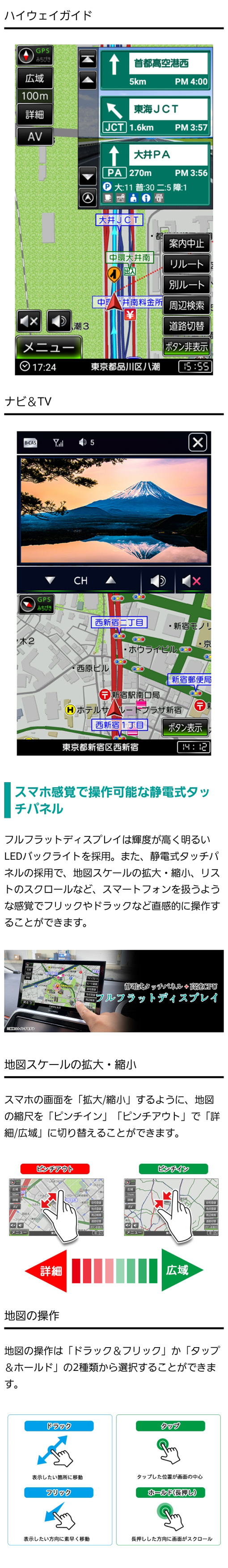 縦画面にした時のナビイメージ、スマホ感覚で操作可能なタッチパネル（ピンチアウト、ピンチイン、ドラック＆フリック、タップ＆ホールド）