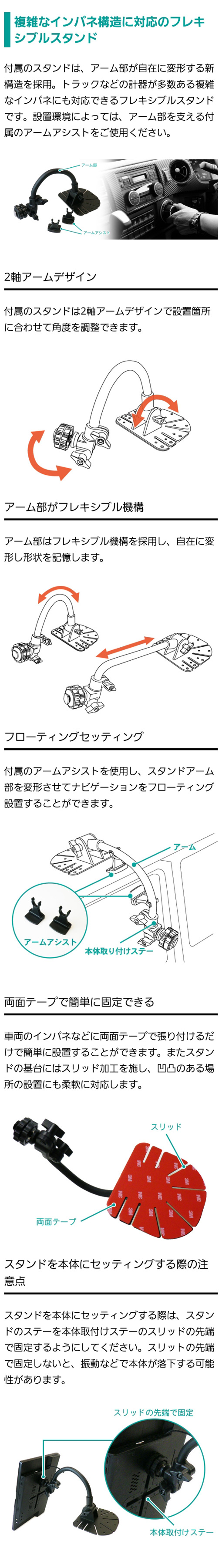 トラックなどの計器が多数ある複雑なインパネにも対応可能なフレキシブルスタンドでアーム部が自在に変形する新構造を採用。取り付け方法説明