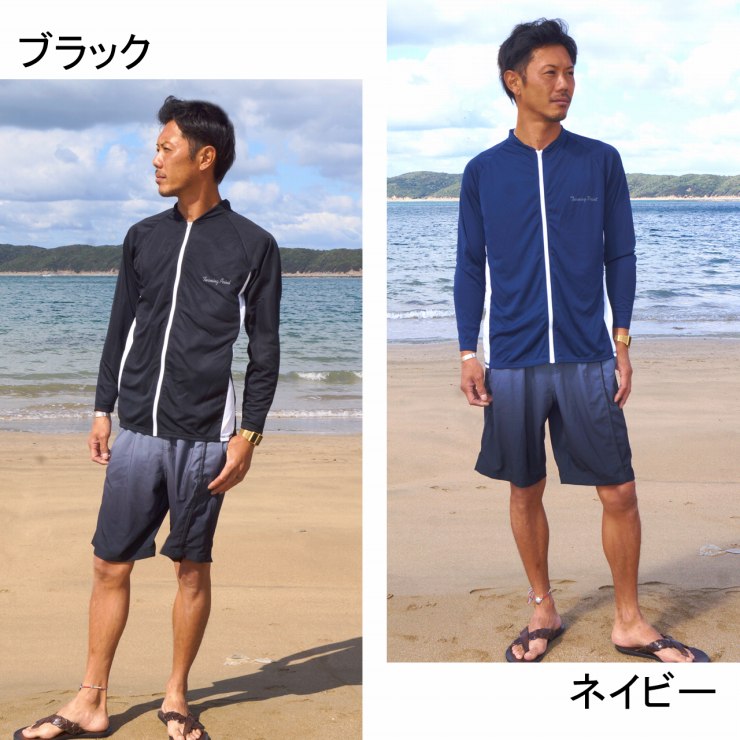 PLAGE ウォーターサイド 長袖 トップ/単品 ラッシュガード ラッシュガード メンズ 長袖 サイド切替 フード ジップアップ