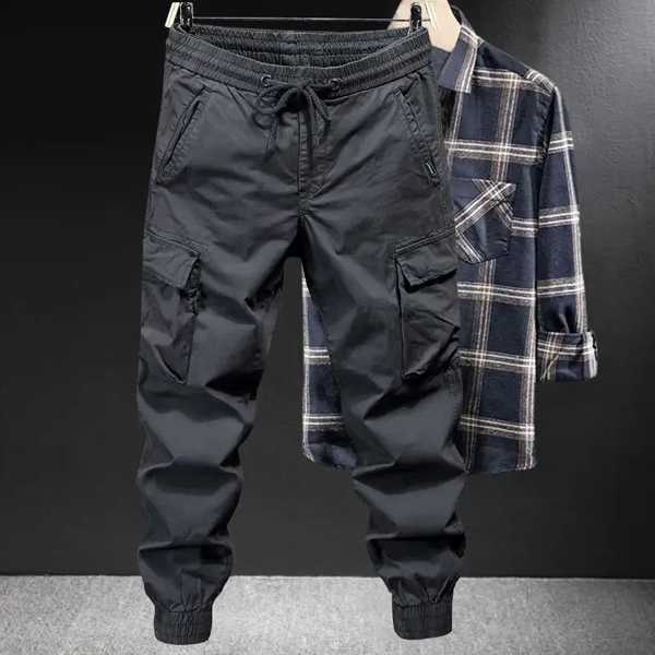 メンズルーズソリッドカーゴパンツ、複数のポケット、カジュアル