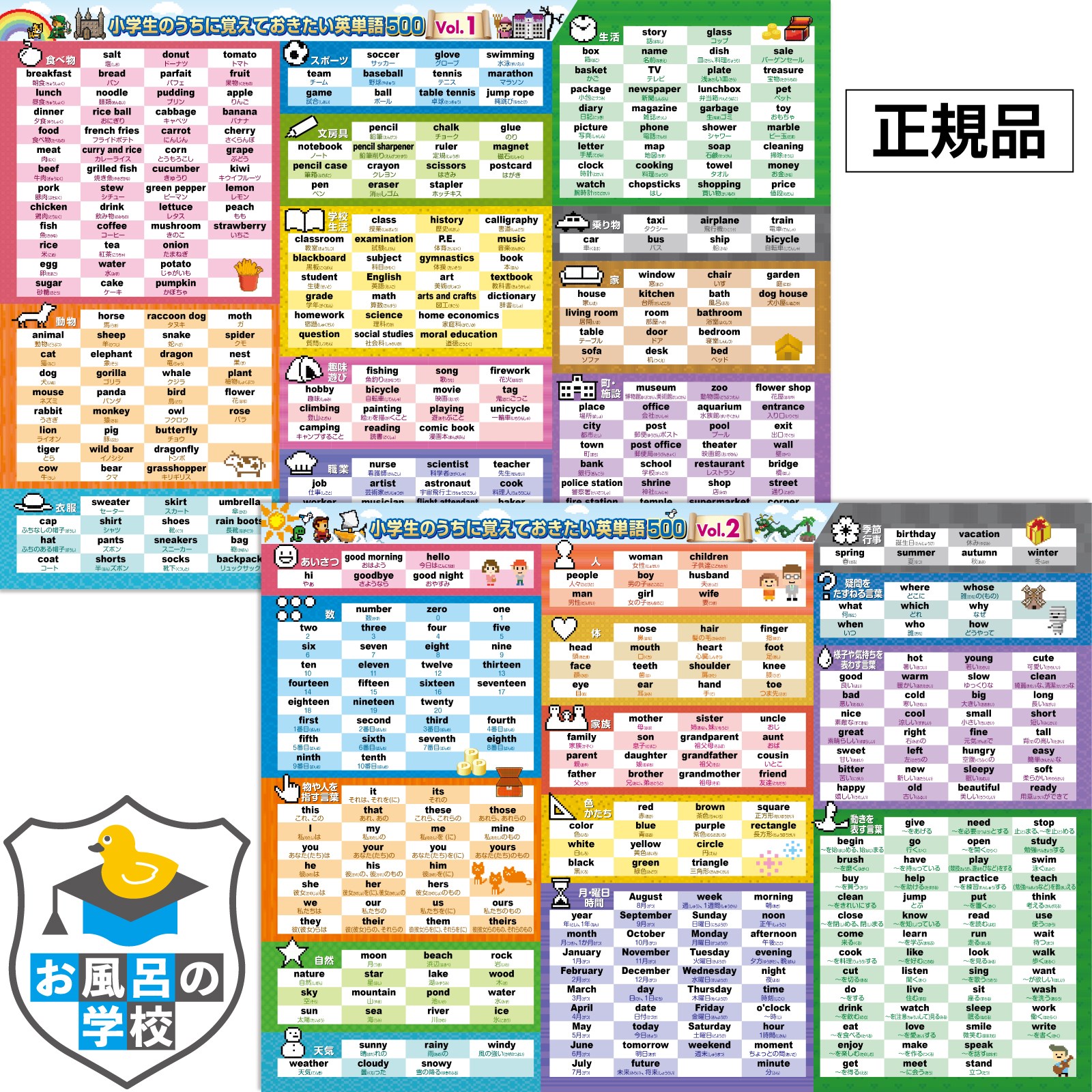 お風呂の学校 小学生向け英単語500選 お風呂ポスター 2枚セット 日本製 ドットイラスト B3サイズ 英語 学習 知育 子供 防水