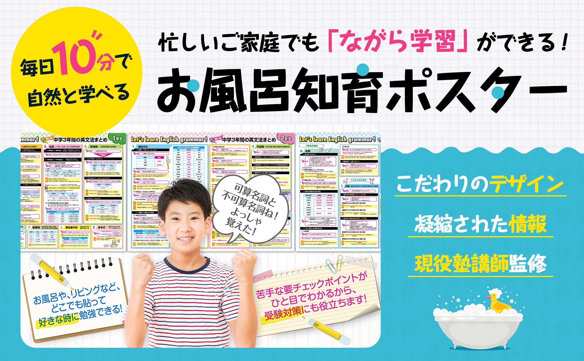 お風呂の学校 中学３年間の英文法 お風呂ポスター 3枚セット 日本製 高校受験 TOEIC B3サイズ 英語 英会話 防水 耐水 学習｜crstore-y｜02