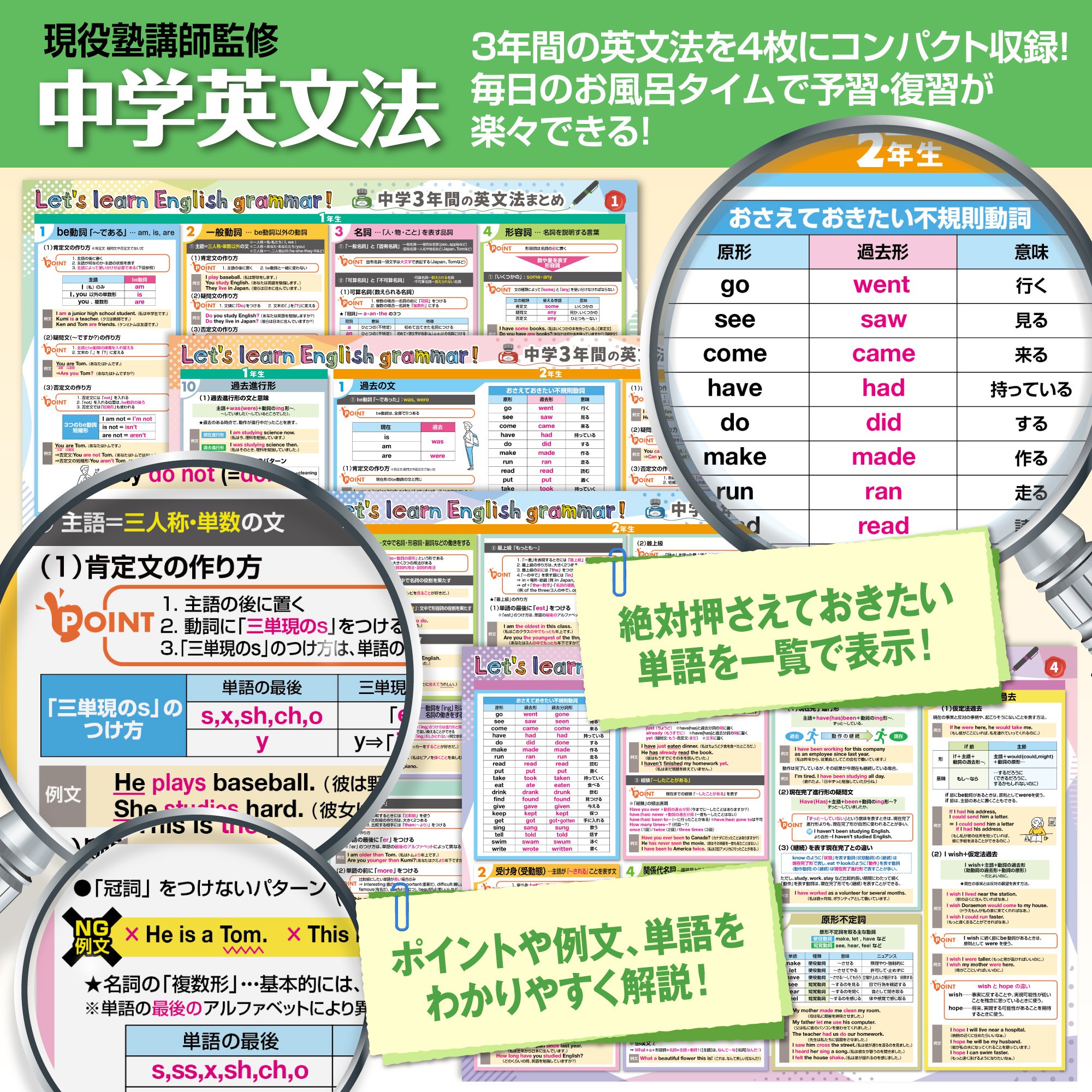 お風呂の学校 セット価格 中学英文法/中学英単語 お風呂ポスター2種類セット 改訂版 日本製 高校受験 TOEIC 英語 英会話 防水 耐水 知育 B3サイズ 関連画像2