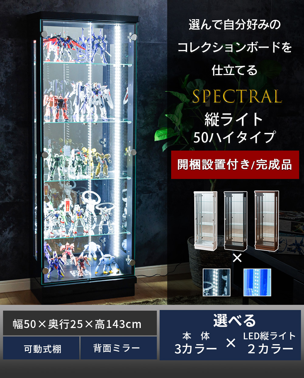 ガンプラ ケース 大型 コレクションケース led 50cm ショーケース 収納 棚 ガラス コレクションボード スペクトル