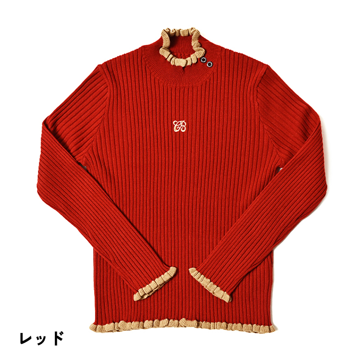 ニットトップス プルオーバー 配色フリルリブ ラメ刺繍ロゴ レディース クアルトユナイテッド ゴルフウェア セーター 25FW