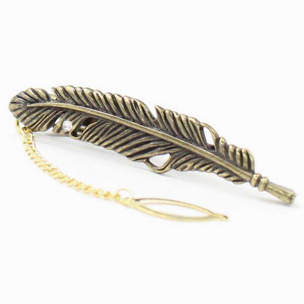 タイピン ネクタイピン 全2色 一粒ストーンとフェザー 羽のチェーン付