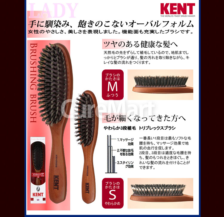 KENT ブラッシングブラシ 女性用 [スモールサイズ 豚毛ふつう] KNH-2224 日本製 レディース ブラシ 天然毛 ブラシ ケント ヘアブラシ