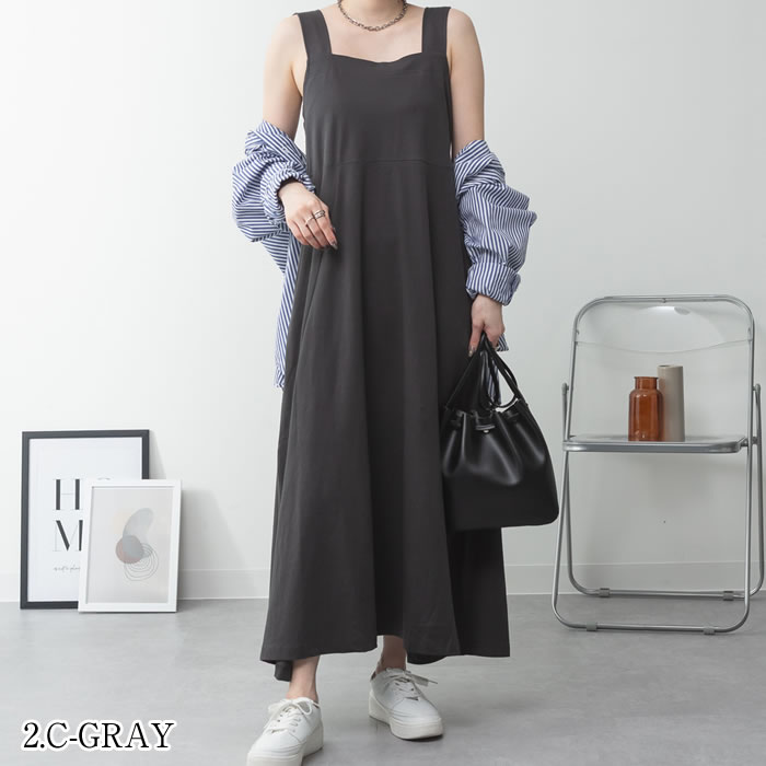 5営業日以内入荷) ワンピース ロング ノースリーブ マキシ丈 コットン