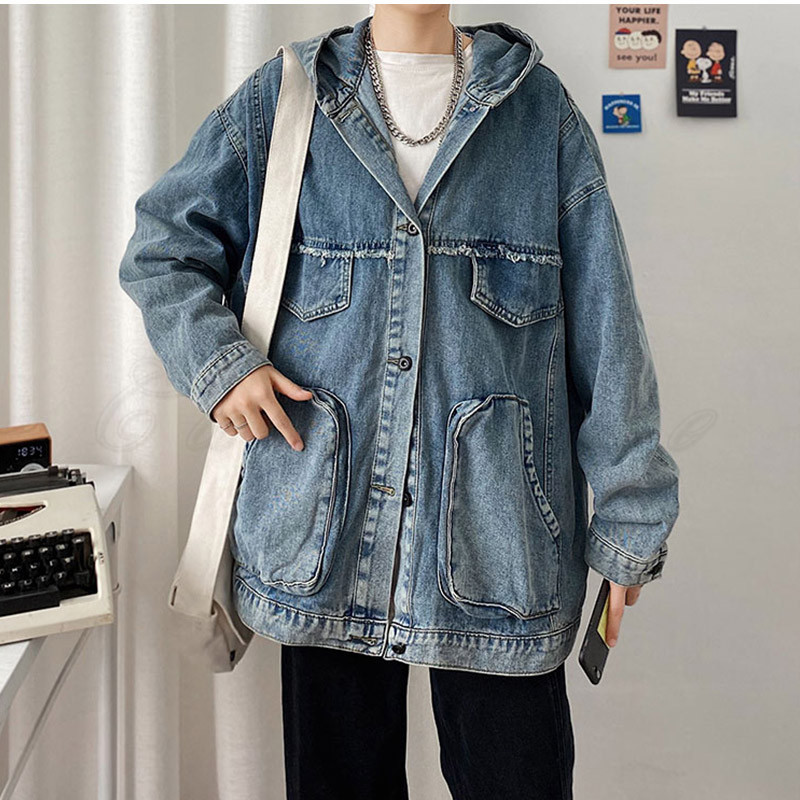 秋冬新品 フード付きデニムジャケット メンズ レトロ アウトドア