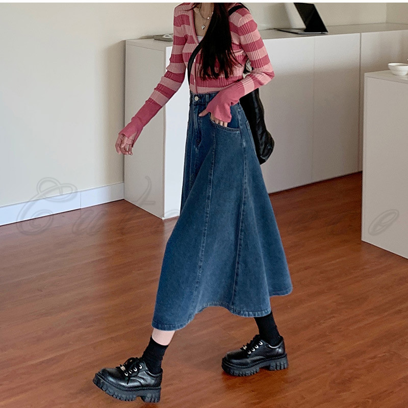 スカート　フレアスカート ミモレ丈　ロング　レディース aライン　ロングスカート　膝下　ボトムス　ウエストゴム　切り替え　体型カバー　暖かい 秋 冬 春 デニムスカート フレアスカート レディース ロング丈 Aライン