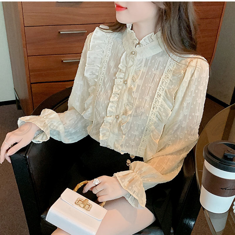 レースブラウス レディース 長袖シャツ ハイネック フリル襟 無地 花柄