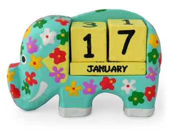 ゾウ 雑貨 木彫り 象 カレンダー 暦 卓上 置物(風水 縁起物 開運