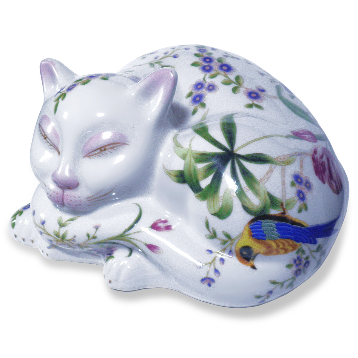 置物 半睡 猫 うたた寝 ネコ 眠り猫 彩色 陶器 花鳥文(説明書付き)Harf