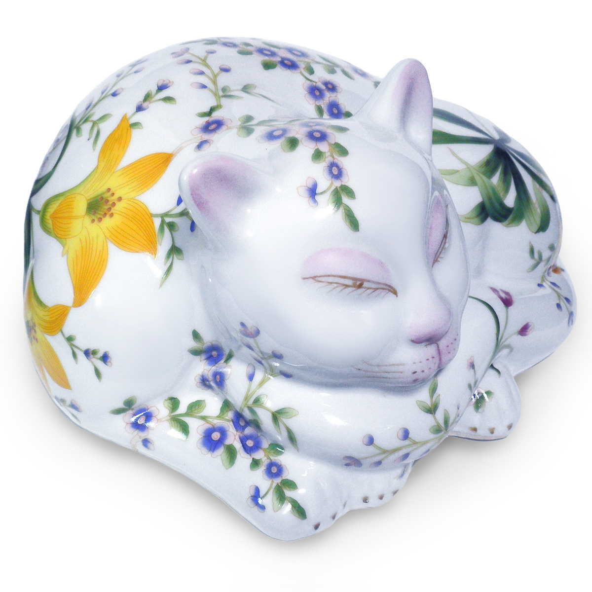 置物 半睡 猫 うたた寝 ネコ 眠り猫 彩色 陶器 花鳥文(説明書付き)Harf