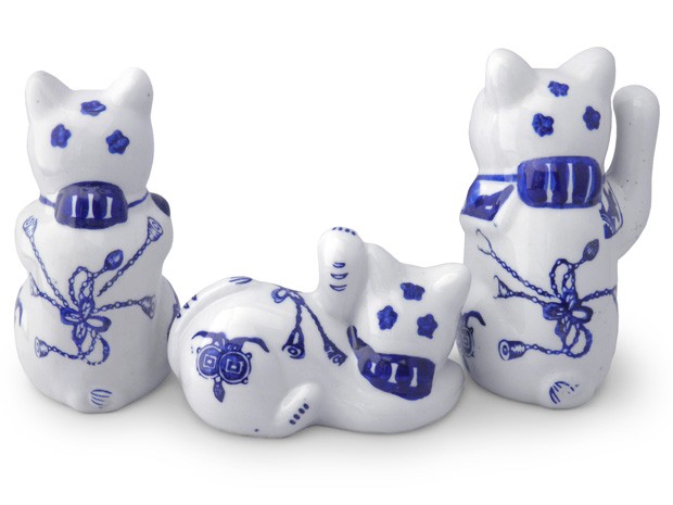招き猫 3点セット 染付 陶器 置物 猫 縁起物 金運 合格祈願 商売繁盛