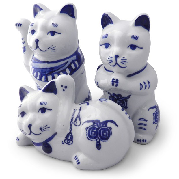 招き猫 3点セット 染付 陶器 置物 猫 縁起物 金運 合格祈願 商売繁盛