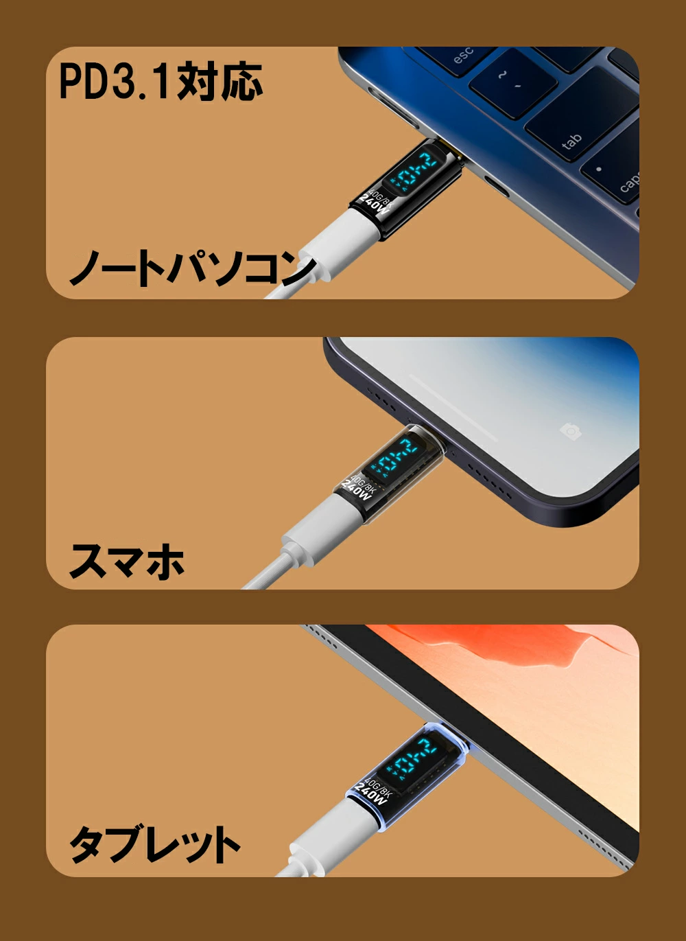 USB Type-C 電圧 電流 チェッカー 超軽量3g 超小型 PD3.1 240w 対応