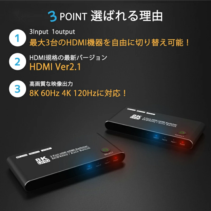 HDMI,AV,セレクター,4K,8K,2.1,48Gbps,切替器,PC,液晶,Switch,PS3,PS4,Xbox Sereis,ゲーム機,BDレコーダー,アクセサリ,HDR