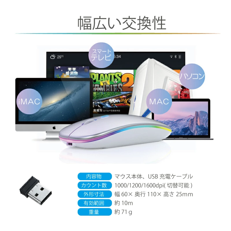 マウス Mouse コードレス ワイヤレス 無線 充電式 発行 七色 虹色