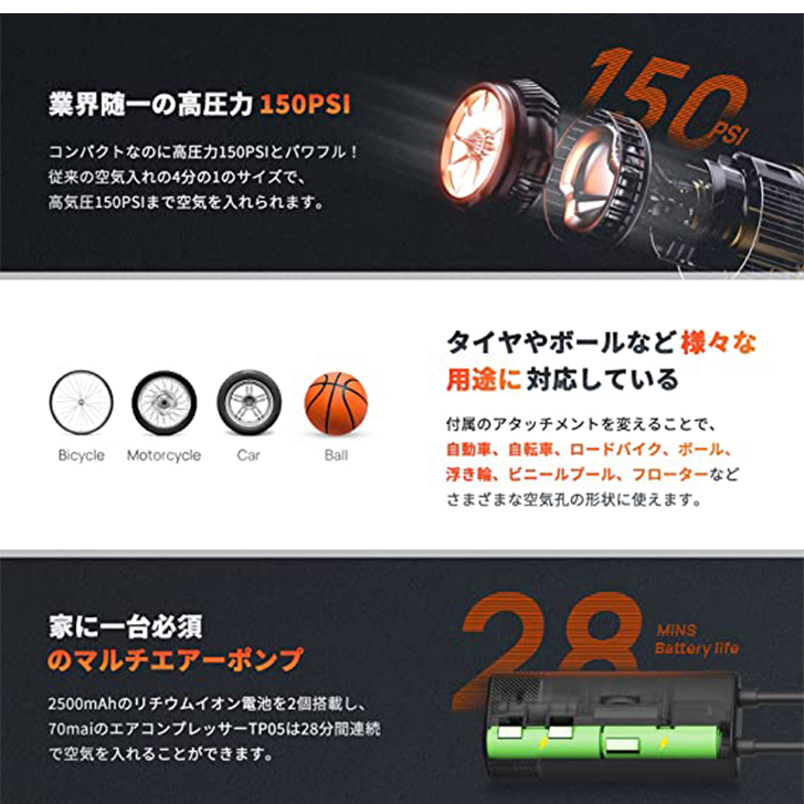 自動車 自転車 70mai 携帯 充電式 コードレス 電動エアーポンプ