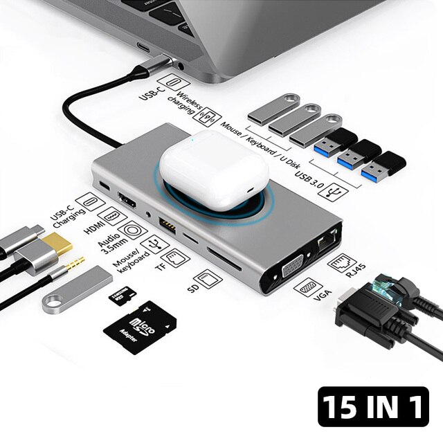 15/10/5/4で1ドッキングステーションusbハブタイプcにhdmi対応ワイヤレス充電器usb 3.0アダプタハブドックステーションmacbook｜cyukusou｜02