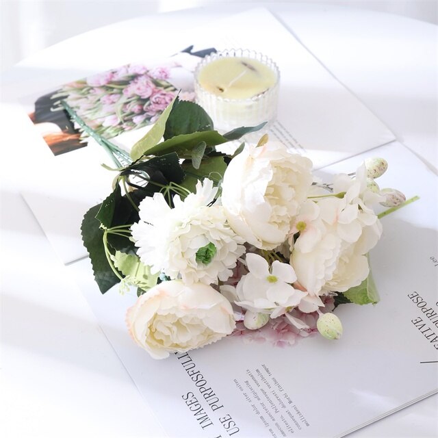 人工シルクの白いバラの花束,高品質の偽の牡丹の花の花束,家の装飾,秋｜cyukusou｜06