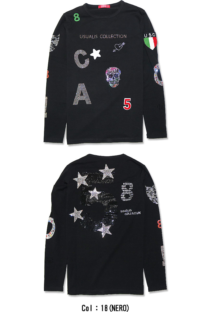 USUALIS ウザリス Tシャツ 長袖 RHINESTONE & PATCH DESIGN S/S T