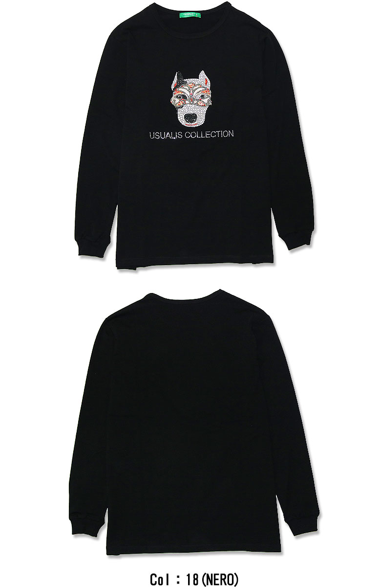 USUALIS ウザリス Tシャツ 長袖 MASK DOG RHINESTON L/S T-SHIRT