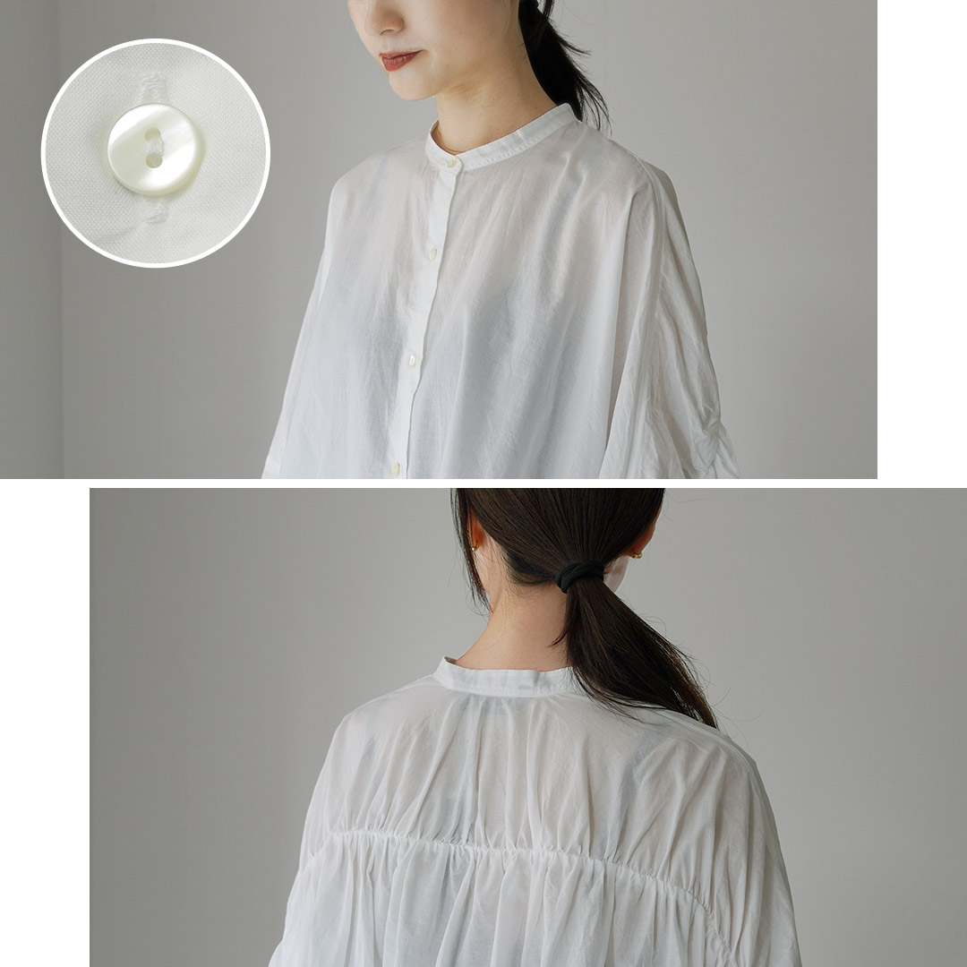 ミズイロインド／23SS バックギャザー ショート丈ブラウス 半袖